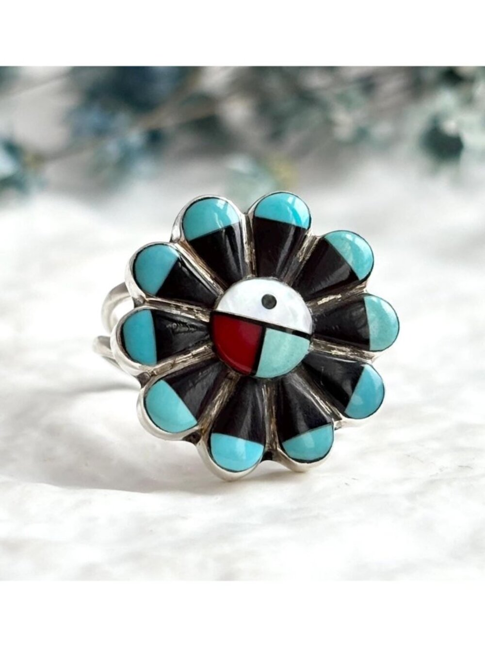 Zuni Sun Face Turquoise, Onyx, MOP & Coral Sterling Silver 925 Vintage Ring sz 6